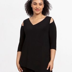 Sympli Women's 10 Nu Focus Tunic Top Black Assymetical Cold Shoulder